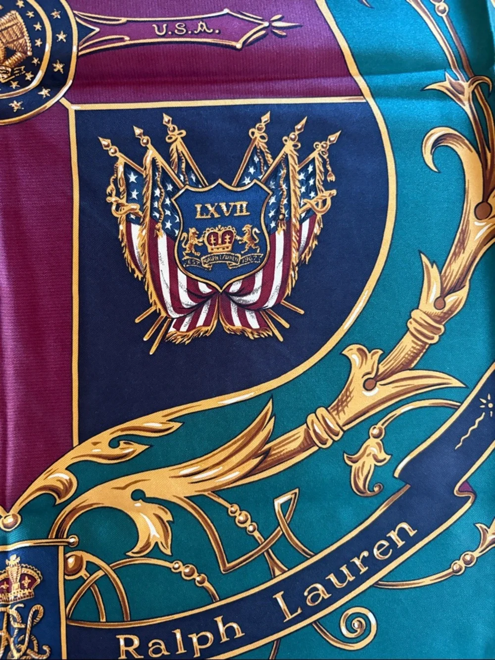 Vintage Polo Ralph Lauren Heraldic Silk Scarf - Teal, Navy, Gold, Burgundy